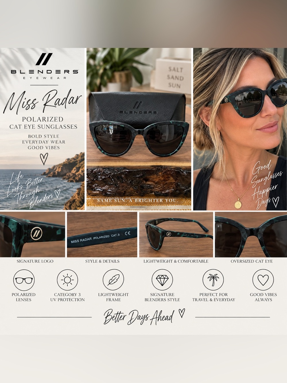 Blenders Eyewear Miss Radar Polarized Cat Eye Sunglasses Green Black